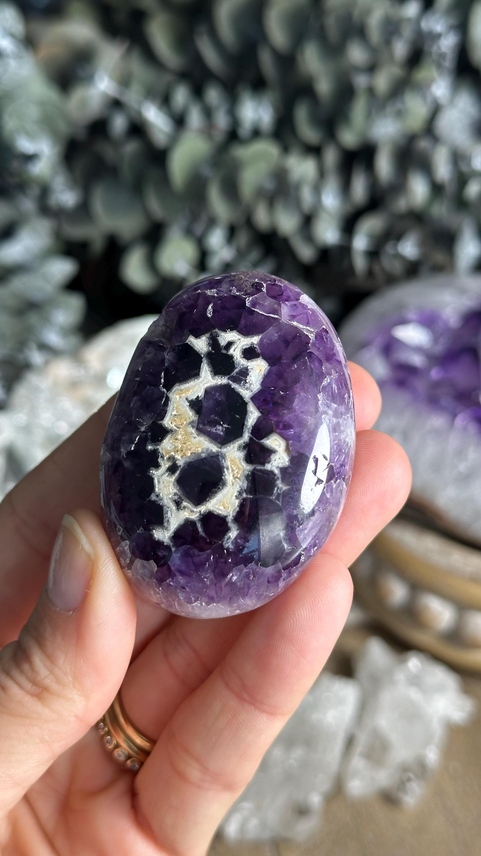 Dream Amethyst Palm Stone: Gemmy Polished Crystal
