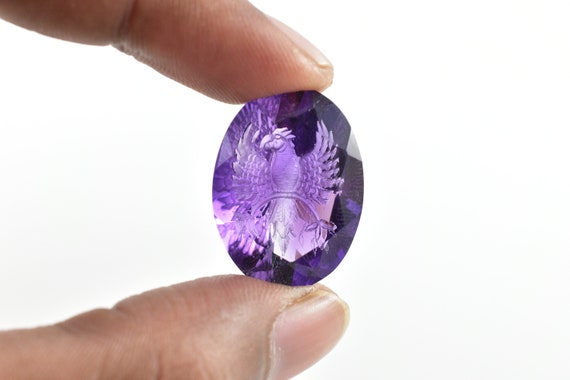 Hand Engraved Amethyst, Parrot Carving, 25.55 Ct Natural Gemstone