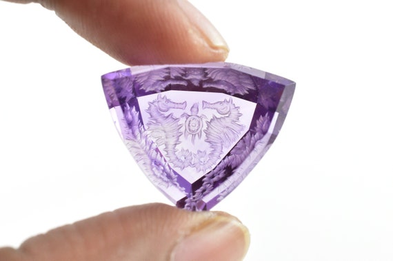 Hand Engraved Amethyst, Sea Horse And Turtle Carving, 32.7ct