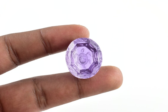 Hand Engraved Amethyst Turtle Carving, 39.25 Ct Fantasy Cut