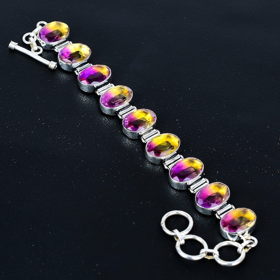 Faceted Ametrine Bracelet, 925 Sterling Silver Adjustable Chain