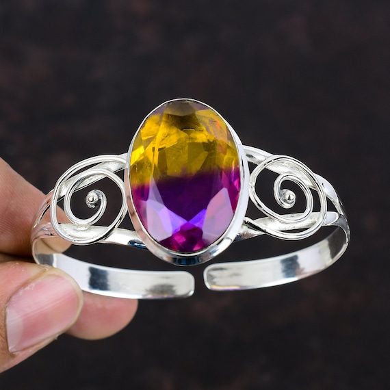 Faceted Ametrine Cuff Bracelet: Handmade 925 Sterling Silver Bangle