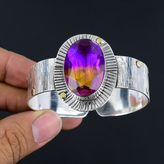Faceted Ametrine Cuff Bracelet: Handmade 925 Sterling Silver Bangle Faceted Ametrine Cuff Bracelet: Handmade 925 Sterling Silver Bangle