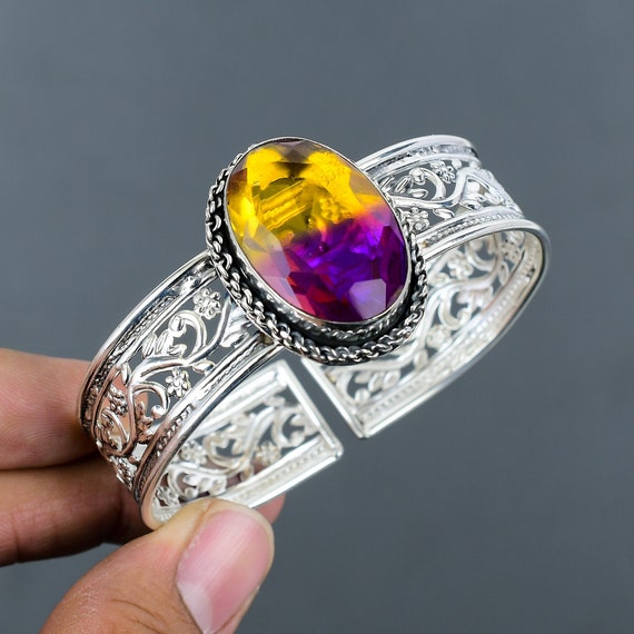 Faceted Ametrine Cuff: Handmade 925 Sterling Silver Adjustable Bangle
