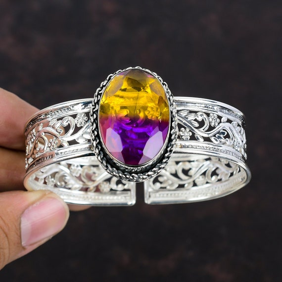 Faceted Ametrine Gemstone Bangle: Handmade 925 Sterling Silver Cuff Faceted Ametrine Gemstone Bangle: Handmade 925 Sterling Silver Cuff