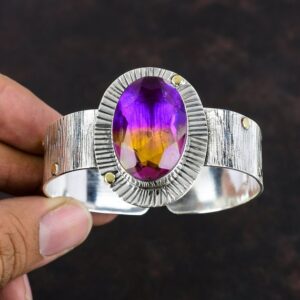 Faceted Ametrine Gemstone Cuff Bracelet, 925 Sterling Silver Bangle