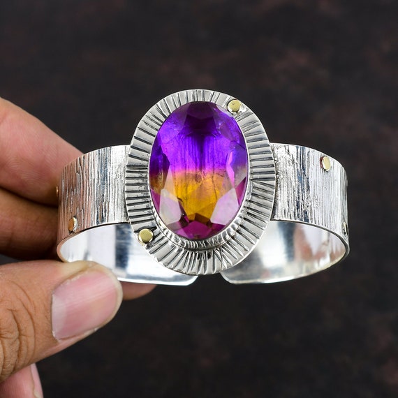 Faceted Ametrine Gemstone Cuff Bracelet, 925 Sterling Silver Bangle