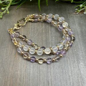 Ametrine & Frosted Quartz Beaded Bracelet: Gold Finish Flower Clasp