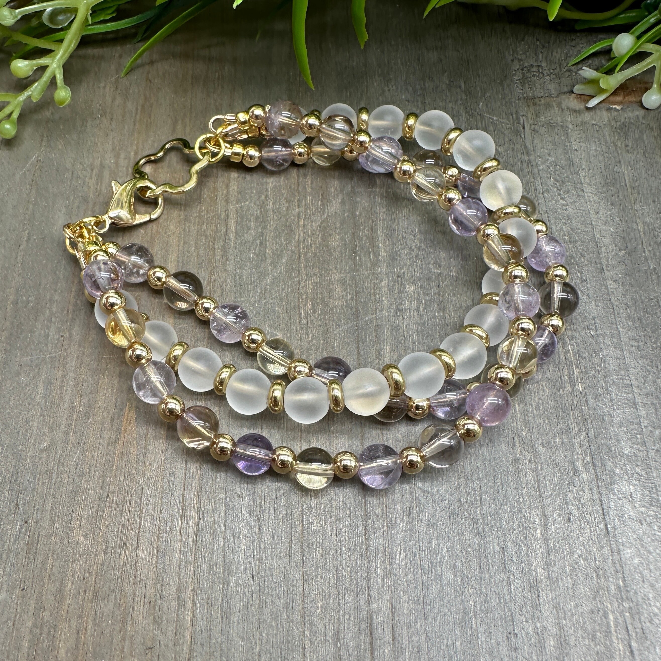 Ametrine & Frosted Quartz Beaded Bracelet: Gold Finish Flower Clasp