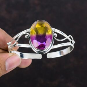 Handmade Ametrine Cuff Bracelet: 925 Sterling Silver, Adjustable