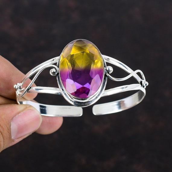 Handmade Ametrine Cuff Bracelet: 925 Sterling Silver, Adjustable