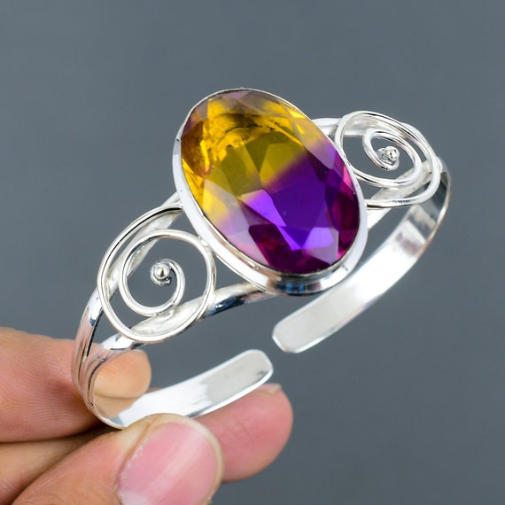 Handmade Ametrine Cuff Bracelet: Adjustable 925 Sterling Silver Bangle