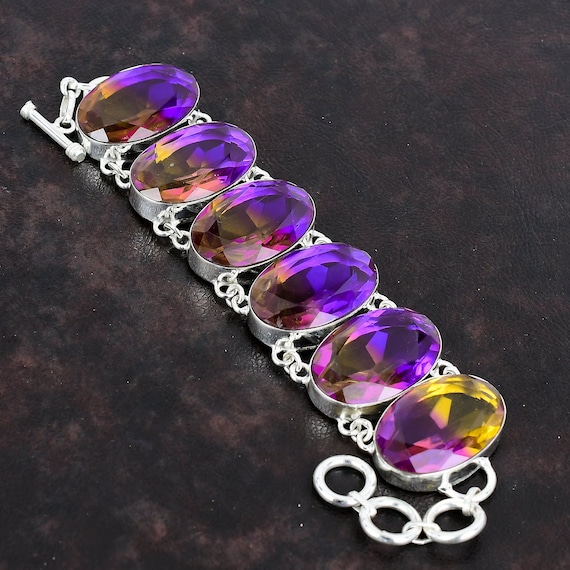 Handmade Faceted Ametrine Bracelet: 925 Sterling Silver Adjustable Chain