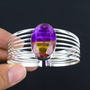 Handmade Faceted Ametrine Bangle: 925 Sterling Silver Adjustable Cuff