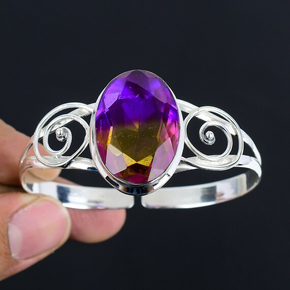 Handmade Faceted Ametrine Bangle: Adjustable Sterling Silver Cuff
