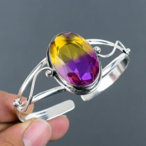 Handmade Faceted Ametrine Bangle: Adjustable 925 Sterling Silver Cuff