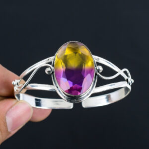 Handmade Faceted Ametrine Cuff Bracelet: 925 Sterling Silver Adjustable Bangle