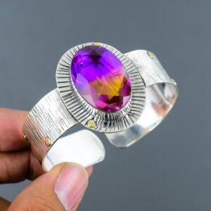 Handmade Faceted Ametrine Cuff Bracelet: 925 Sterling Silver Adjustable Bangle