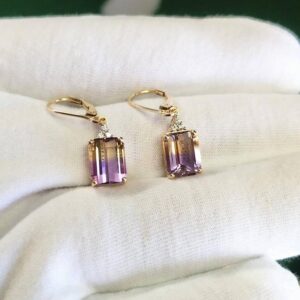 14k Rose Gold Ametrine Earrings , Emerald Cut Dangle Earrings With Diamond Accents 14k Rose Gold Ametrine Earrings , Emerald Cut Dangle Earrings With Diamond Accents