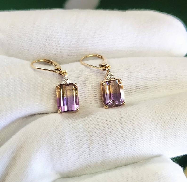 14k Rose Gold Ametrine Earrings , Emerald Cut Dangle Earrings With Diamond Accents