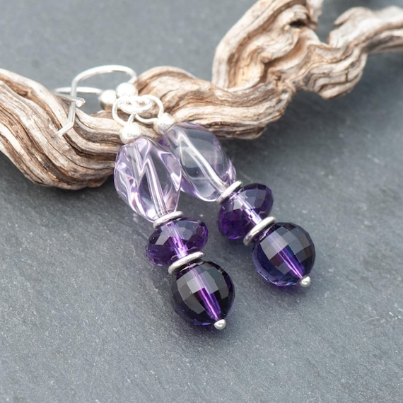 Amethyst And Ametrine Earrings, Purple Natural Stone Dangles, Faceted Gem Stone Earrings, 925 Sterling Silver French Ear Wires