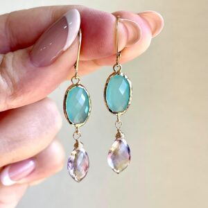 Chalcedony and Ametrine Earrings, Sea Green and Light Purple Lilac Elongated Statement Earrings in Gold or Silver, February Jewelry Gift
