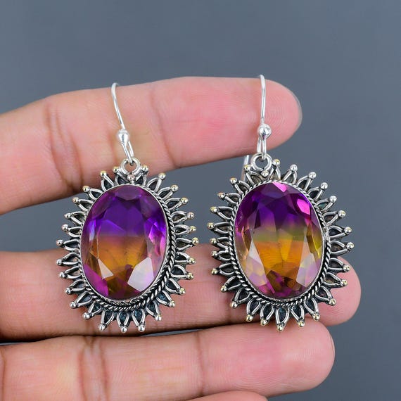 Faceted Ametrine Earrings, 925 Sterling Silver, Handmade Jewelry