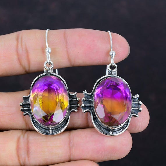 Faceted Ametrine Dangle Earrings: Handmade 925 Sterling Silver Jewelry Faceted Ametrine Dangle Earrings: Handmade 925 Sterling Silver Jewelry