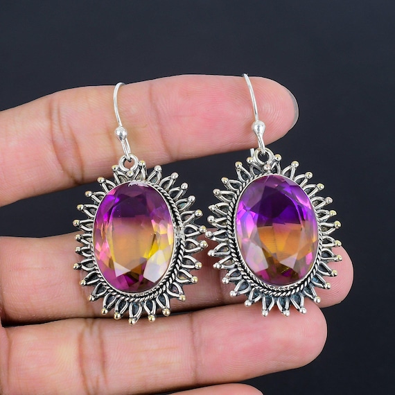Faceted Ametrine Earrings: Handmade 925 Sterling Silver Drop Jewelry
