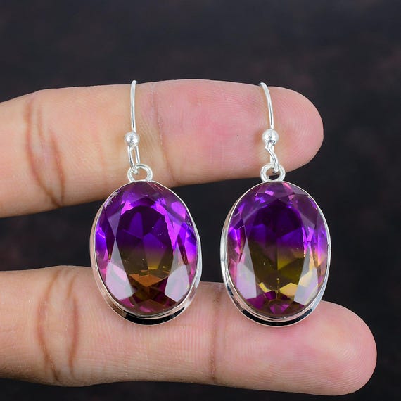 Faceted Ametrine Earrings: Handmade 925 Sterling Silver, Elegant Gemstone Jewelry