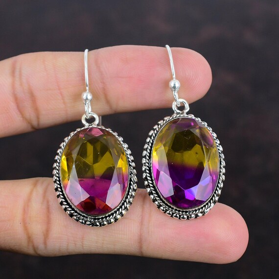 Faceted Ametrine Earrings: Handmade 925 Sterling Silver Vintage Jewelry