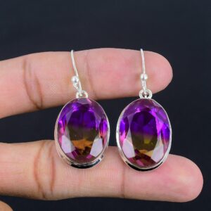 Faceted Ametrine Oval Gemstone Earrings, 925 Sterling Silver Handmade Jewelry