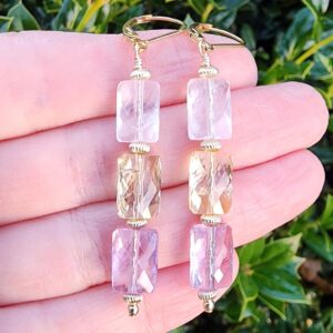Ametrine Gemstone Dangle Earrings Gold Lever Back, Rectangle Gemstone Earrings, Stacked Gemstone Earrings, Amethyst and Citrine Earrings