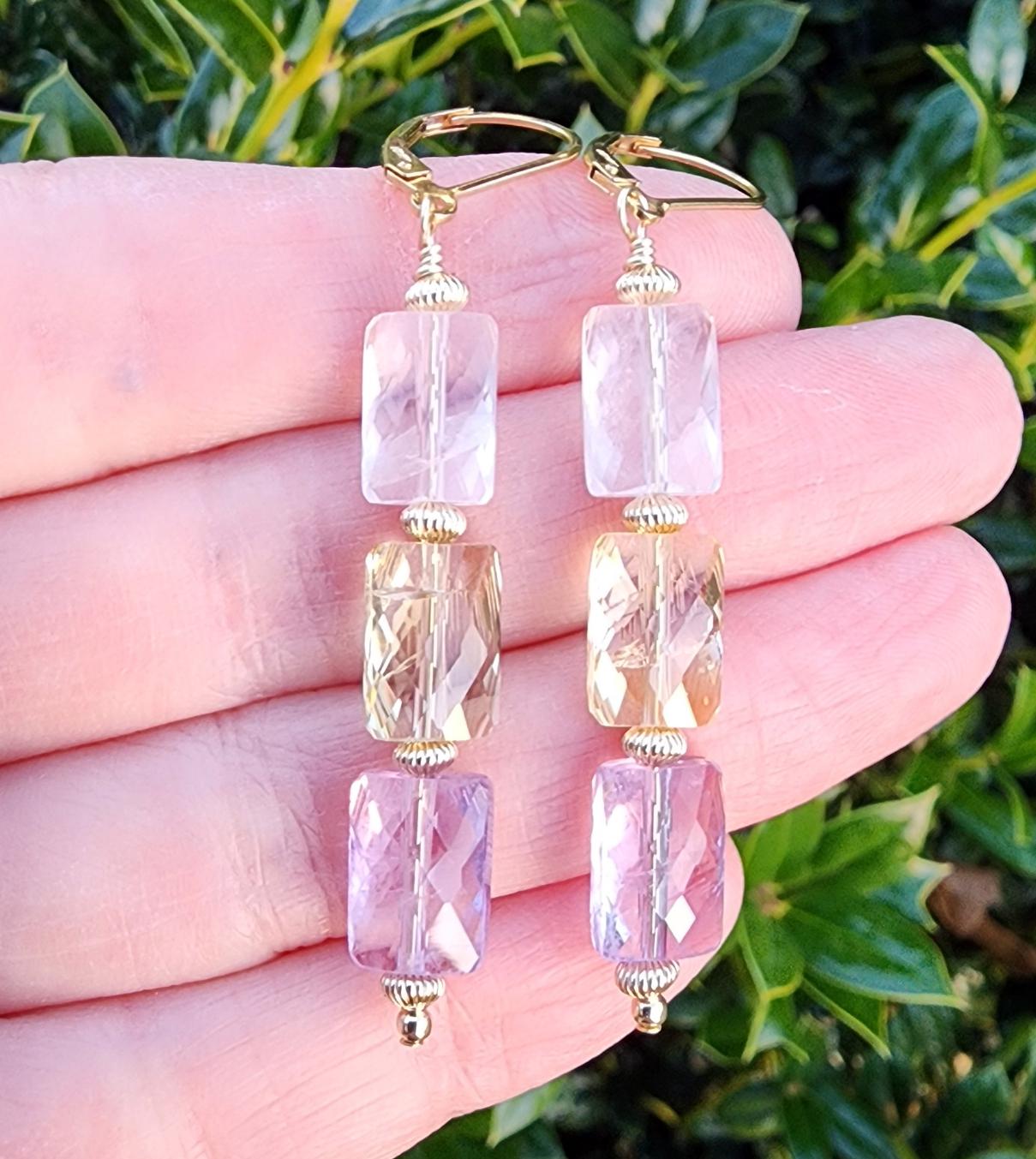 Ametrine Gemstone Dangle Earrings Gold Lever Back, Rectangle Gemstone Earrings, Stacked Gemstone Earrings, Amethyst And Citrine Earrings Ametrine Gemstone Dangle Earrings Gold Lever Back, Rectangle Gemstone Earrings, Stacked Gemstone Earrings, Amethyst And Citrine Earrings