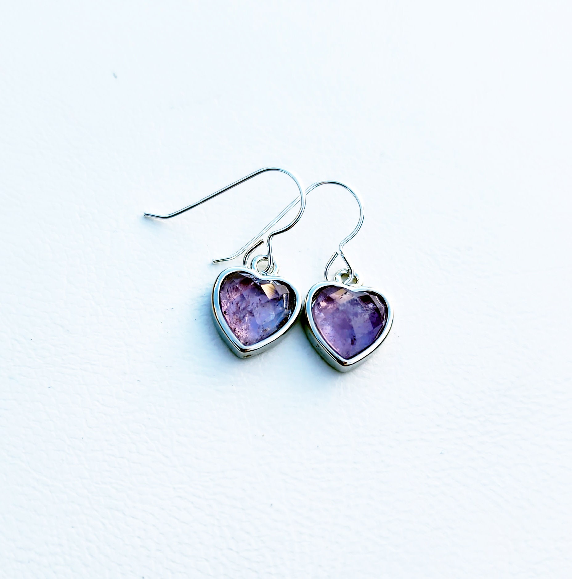 Ametrine Gemstone Dangle Earrings Sterling Silver, Small Heart Gemstone Earrings, Light Purple Heart Earrings, Valentines Heart Jewelry