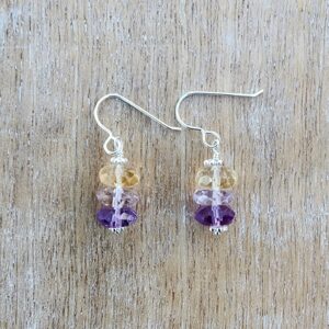 Ametrine Gemstone Dangle Earrings Sterling Silver, Rondelle Gemstone Earrings, Stacked Gemstone Earrings, Amethyst and Citrine Earrings