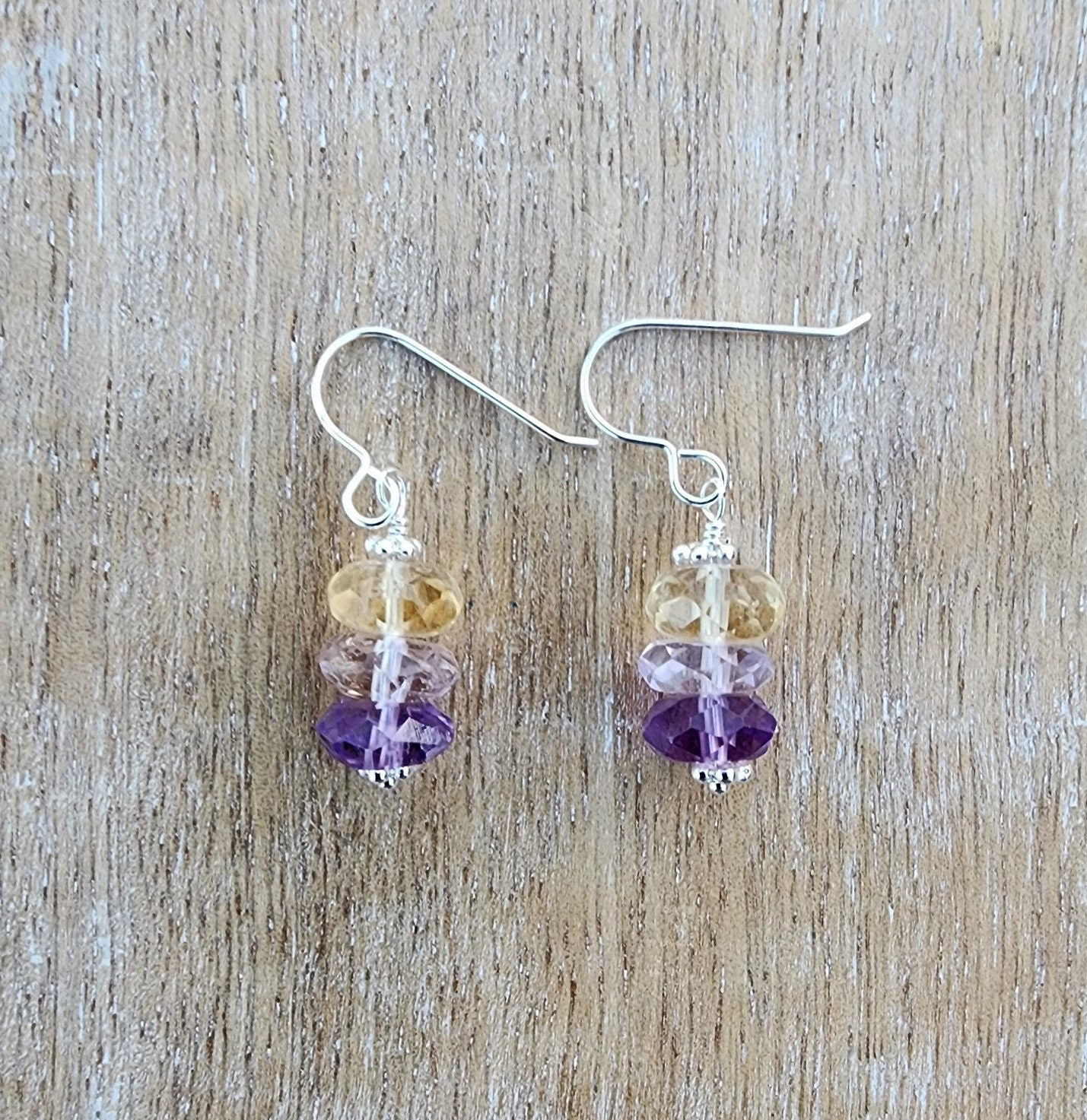 Ametrine Gemstone Dangle Earrings Sterling Silver, Rondelle Gemstone Earrings, Stacked Gemstone Earrings, Amethyst And Citrine Earrings Ametrine Gemstone Dangle Earrings Sterling Silver, Rondelle Gemstone Earrings, Stacked Gemstone Earrings, Amethyst And Citrine Earrings