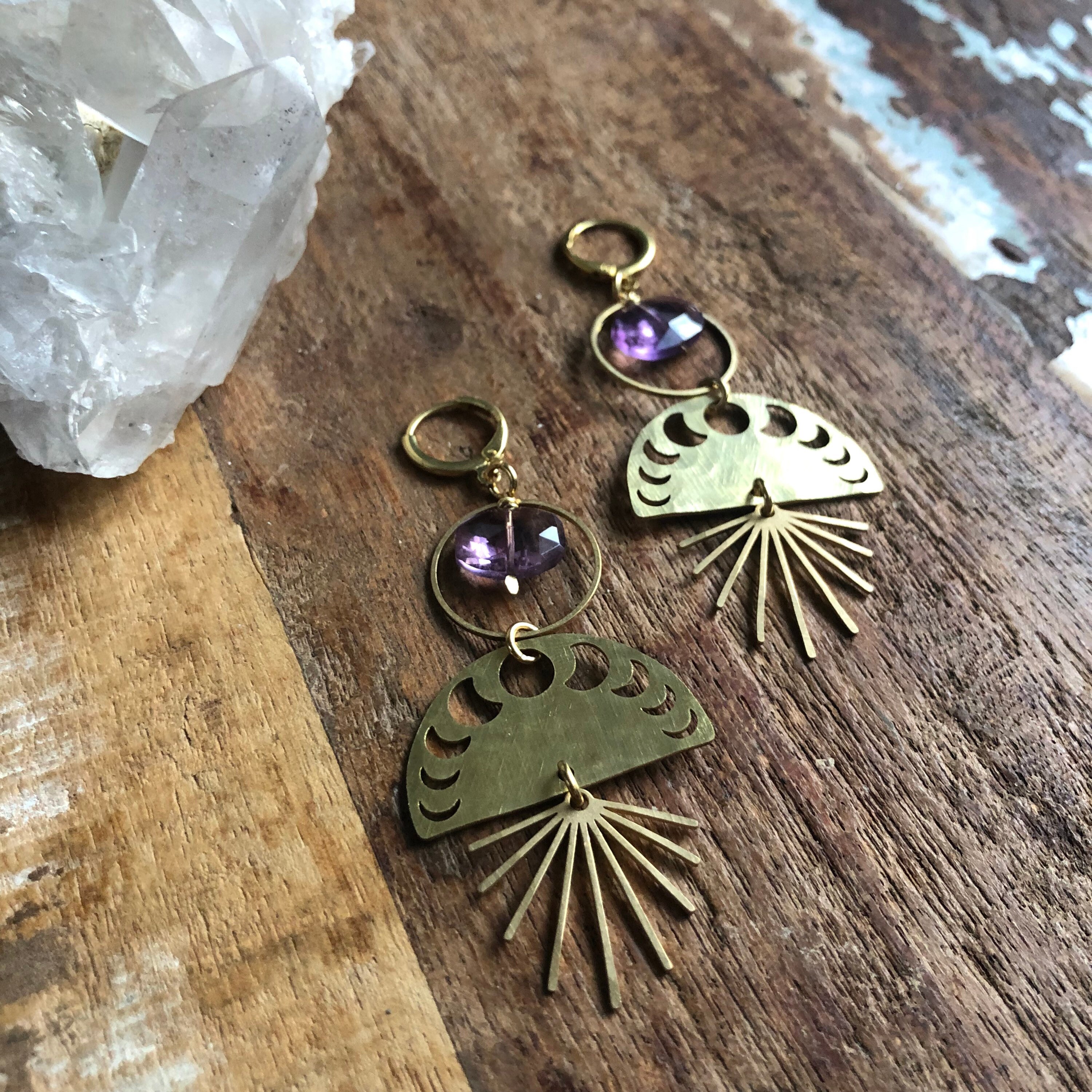 Hammered Brass Celestial Earrings With Ametrine Hammered Brass Celestial Earrings With Ametrine
