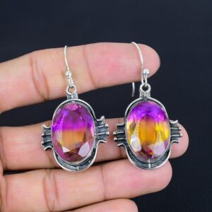 Handmade Faceted Ametrine Dangle Earrings: 925 Sterling Silver Jewelry