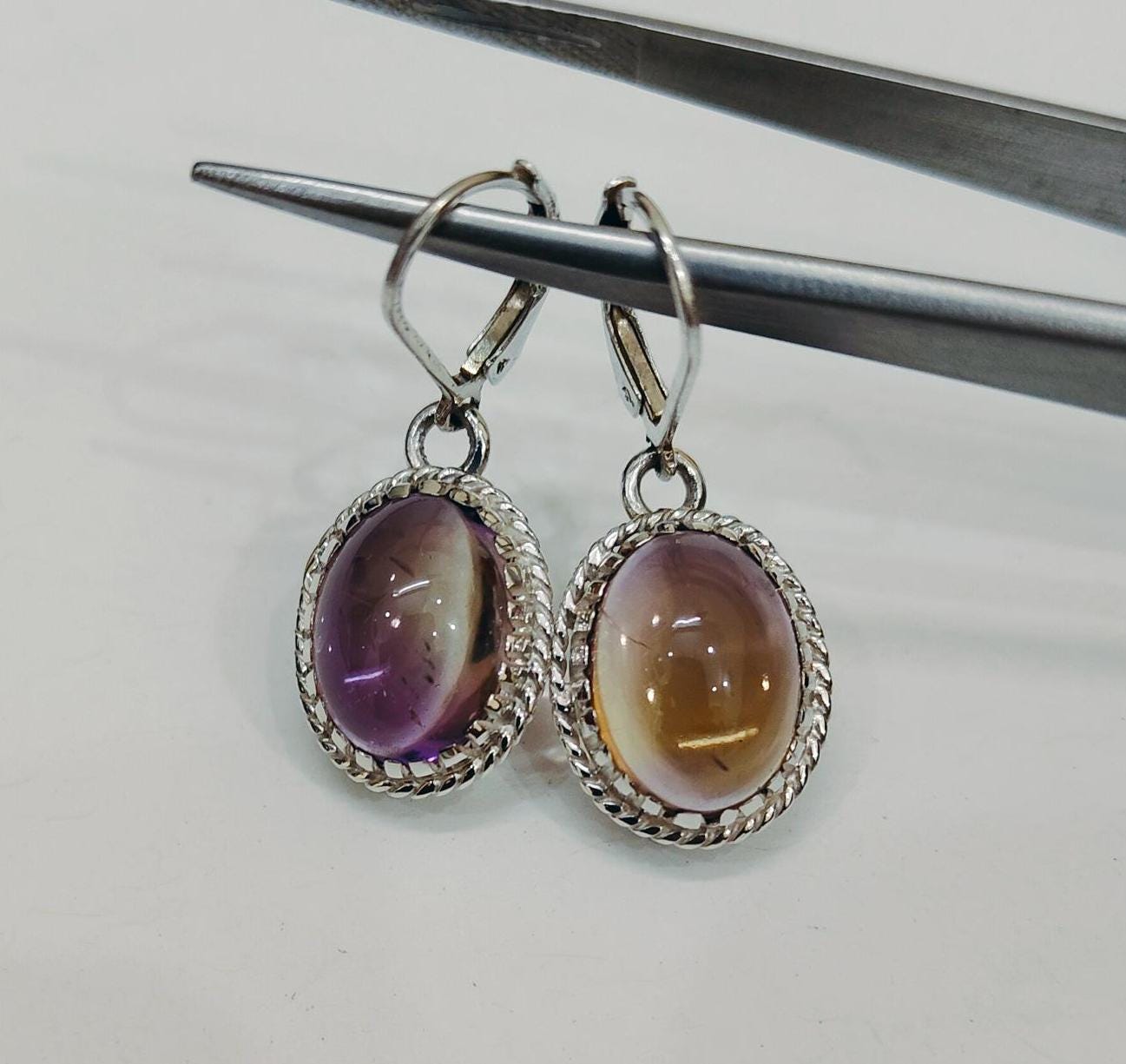 Natural Ametrine Earrings, Oval Ametrine Earrings, 925 Sterling Silver Earrings, Oval Ametrine Cabochon Earrings, Drop Ametrine Earrings