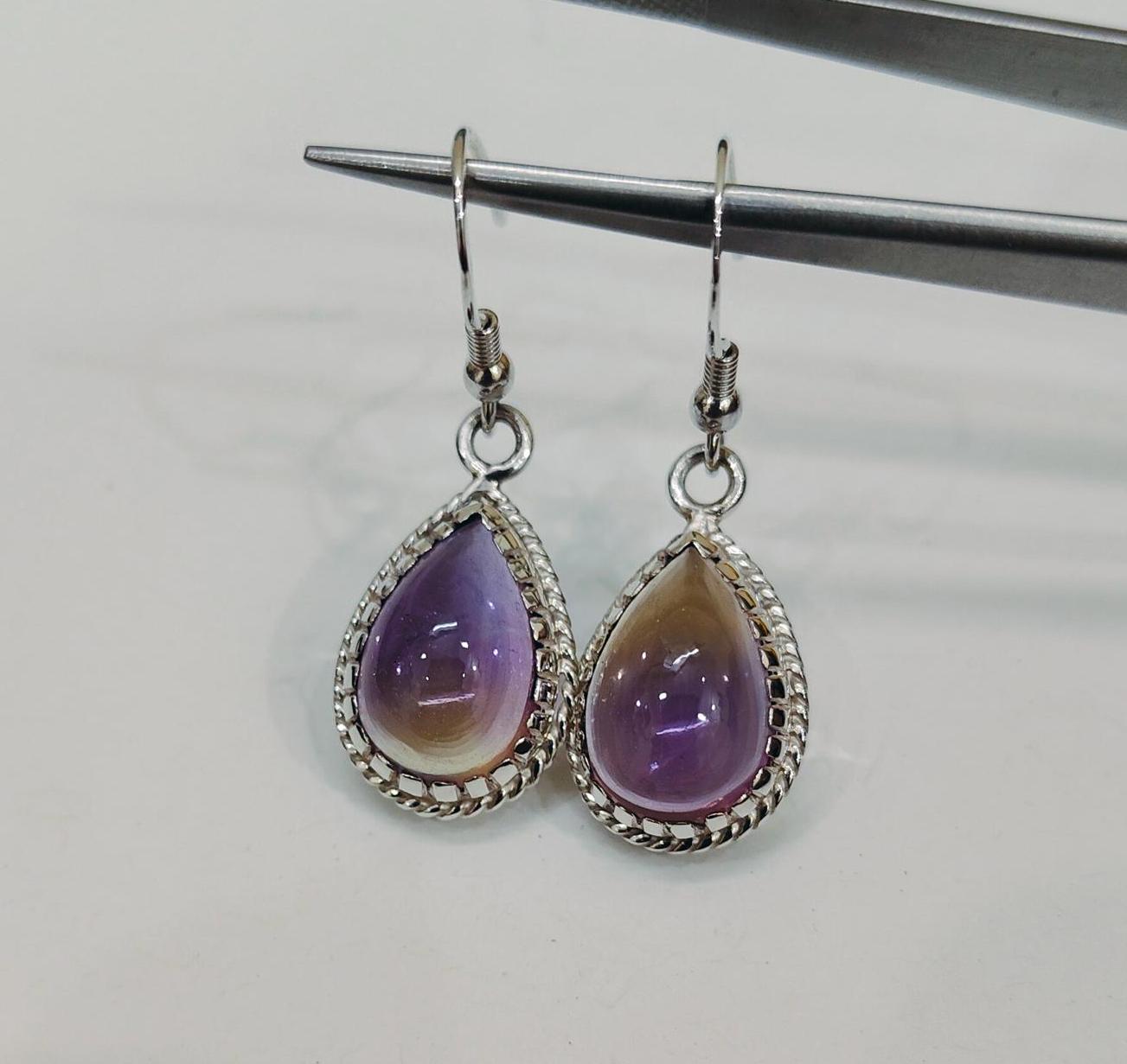 Natural Ametrine Earrings, Pear Ametrine Earrings, 925 Sterling Silver Earrings, Pear Ametrine Cabochon Earrings, Drop Ametrine Earrings