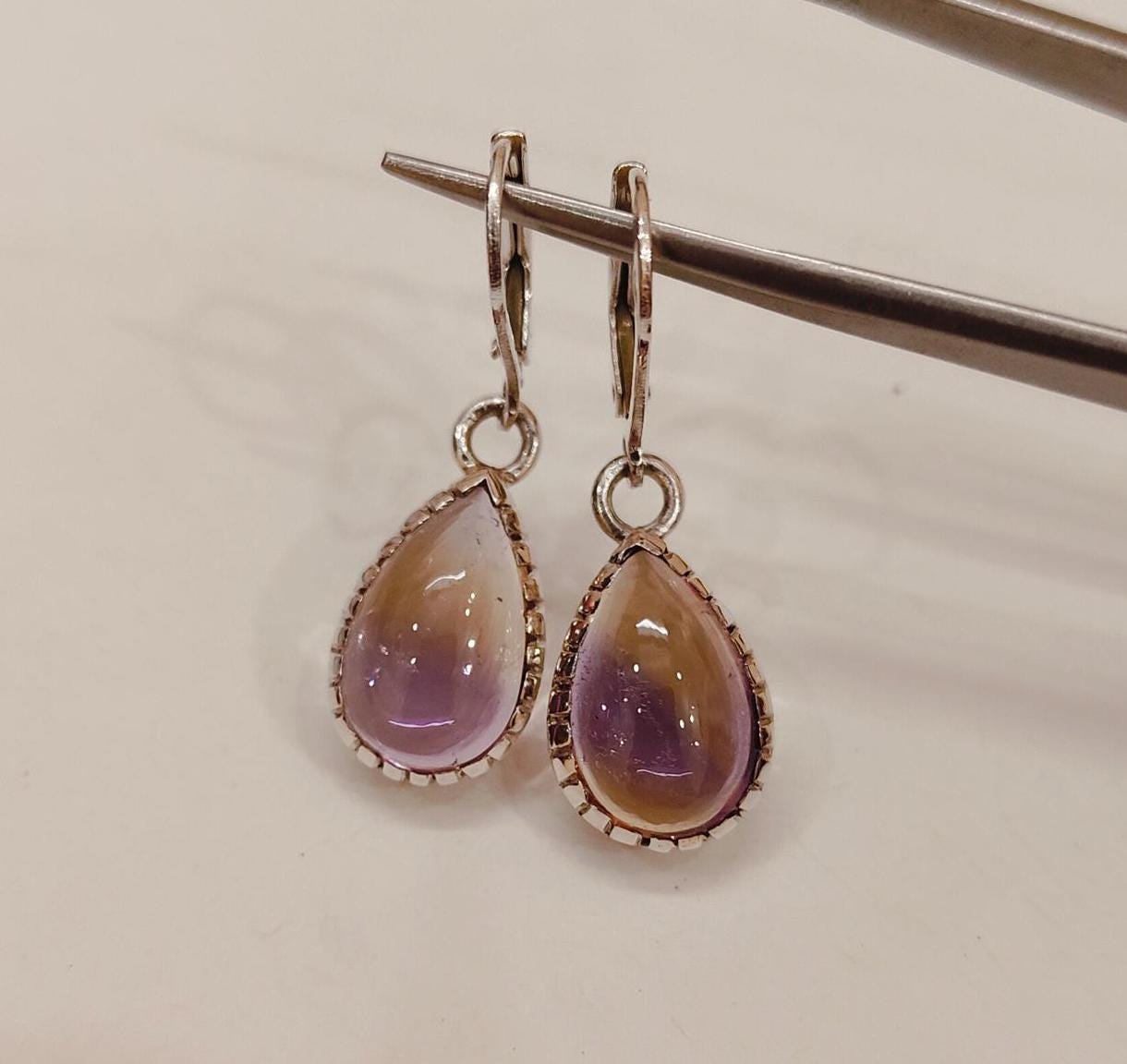 Natural Ametrine Earrings, Pear Ametrine Earrings, 925 Sterling Silver Earrings, Pear Ametrine Cabochon Earrings, Drop Ametrine Earrings