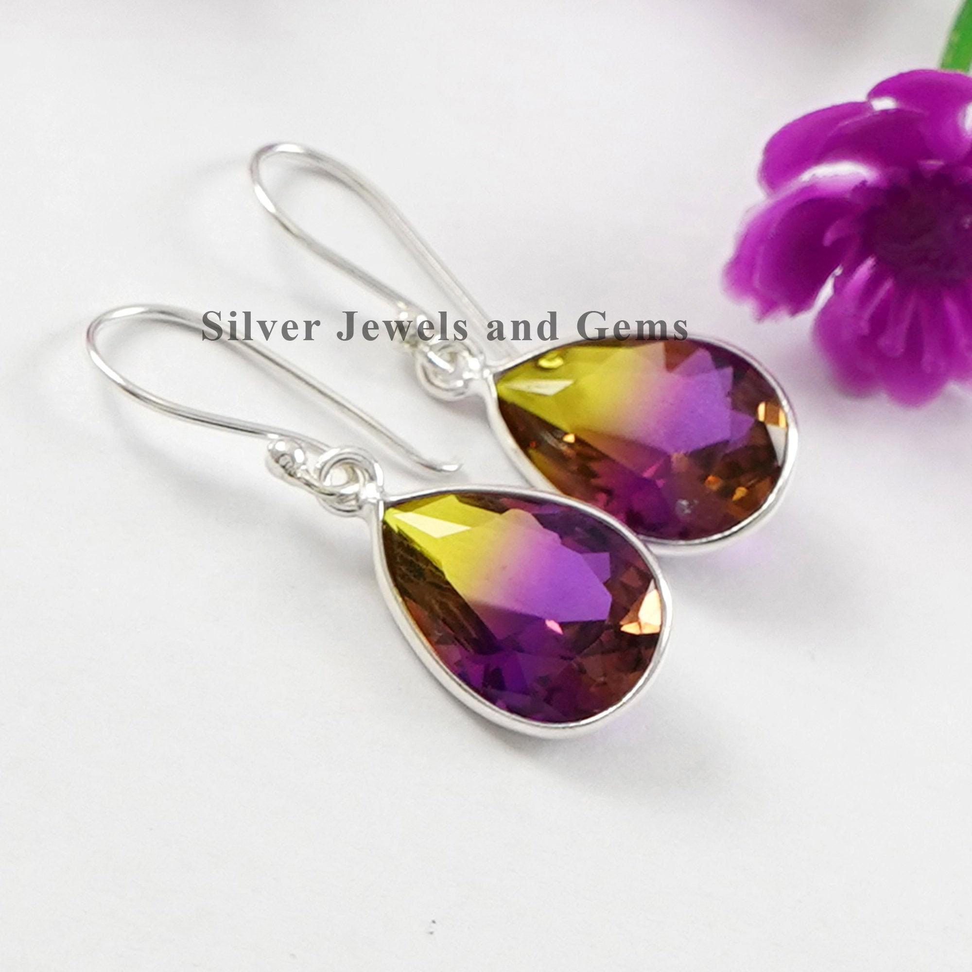 Teardrop Ametrine Quartz Earrings, Sterling Silver Bezel Setting