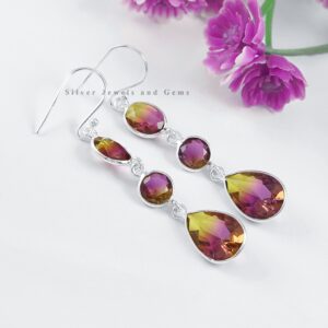 Ametrine Quartz Dangle Earrings: 925 Sterling Silver Bezel, Handmade Wedding Jewelry