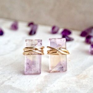 Ametrine Stud Earrings, Ametrine Crystal Jewelry, Minimal Crystal Bar Earring,Faceted Wire Wrapped Gemstone Post Earrings, Sterling Silver