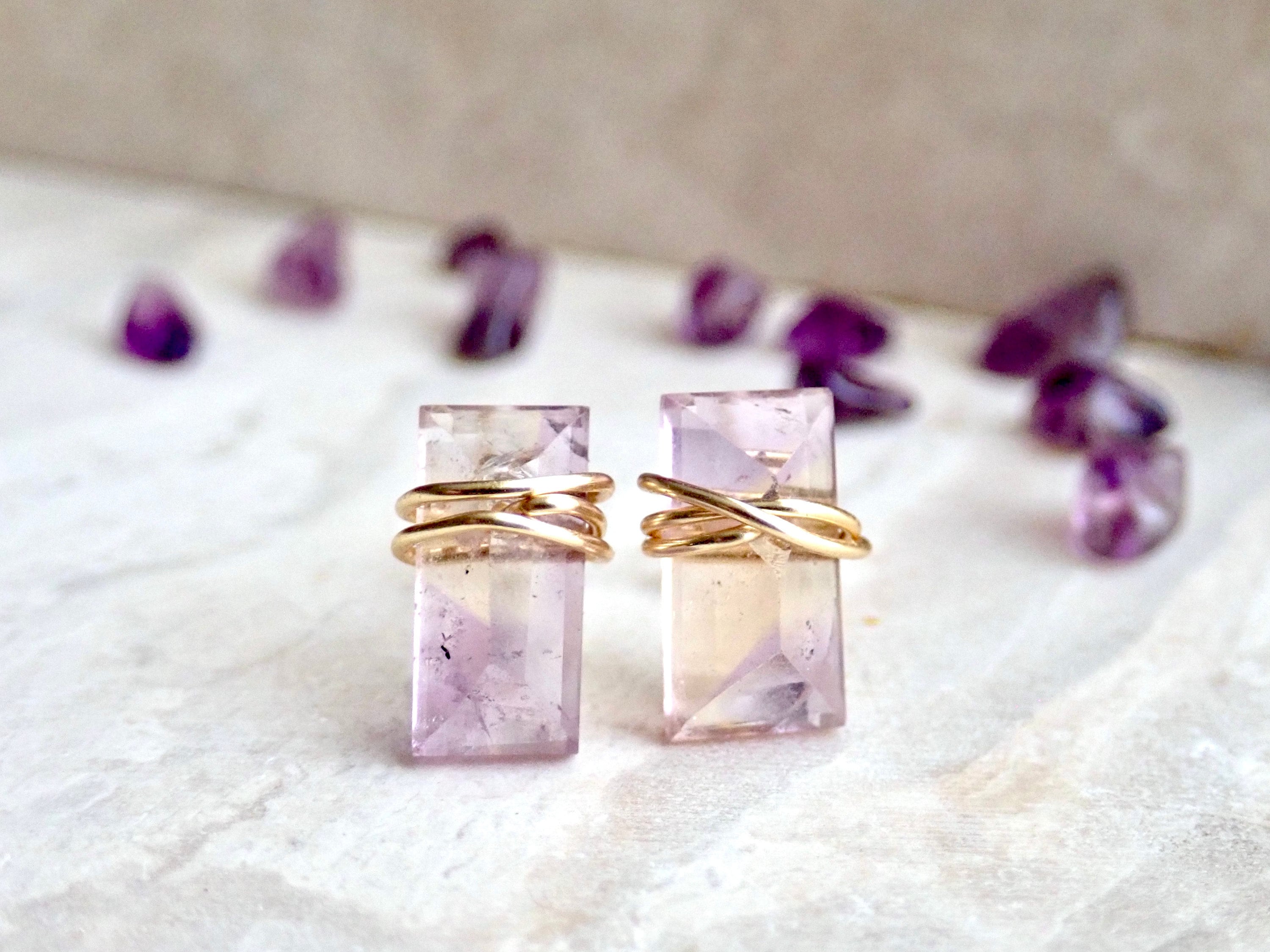 Ametrine Stud Earrings, Ametrine Crystal Jewelry, Minimal Crystal Bar Earring,faceted Wire Wrapped Gemstone Post Earrings, Sterling Silver