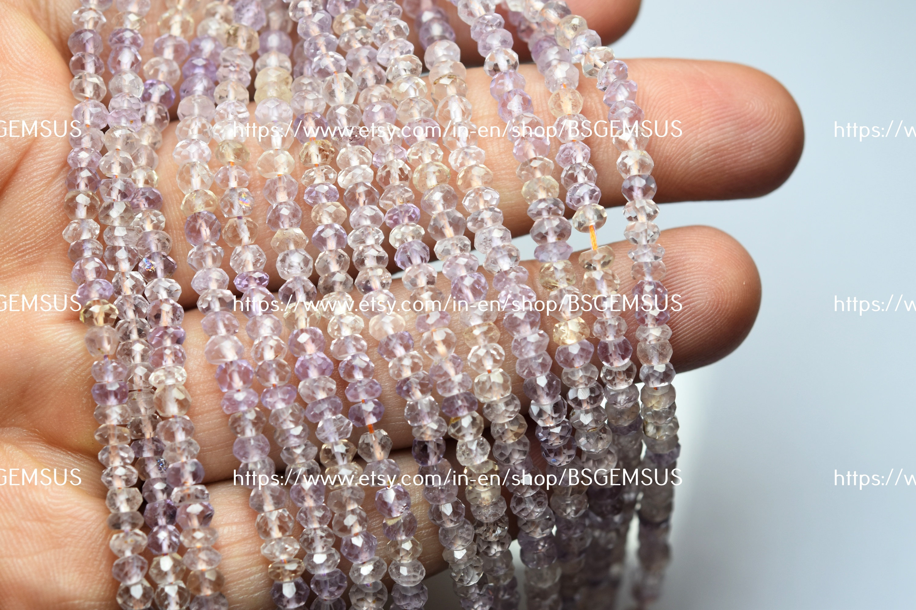 13 Inch Strand, Natural Ametrine Faceted Rondelles. 4-4.25mm 13 Inch Strand, Natural Ametrine Faceted Rondelles. 4-4.25mm