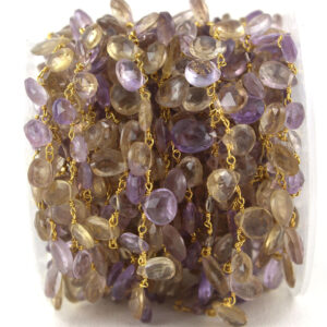 Gold Plated Ametrine Rosary Chain: Faceted Pear & Heart Gemstone Beaded Chain (Sold Per Foot)