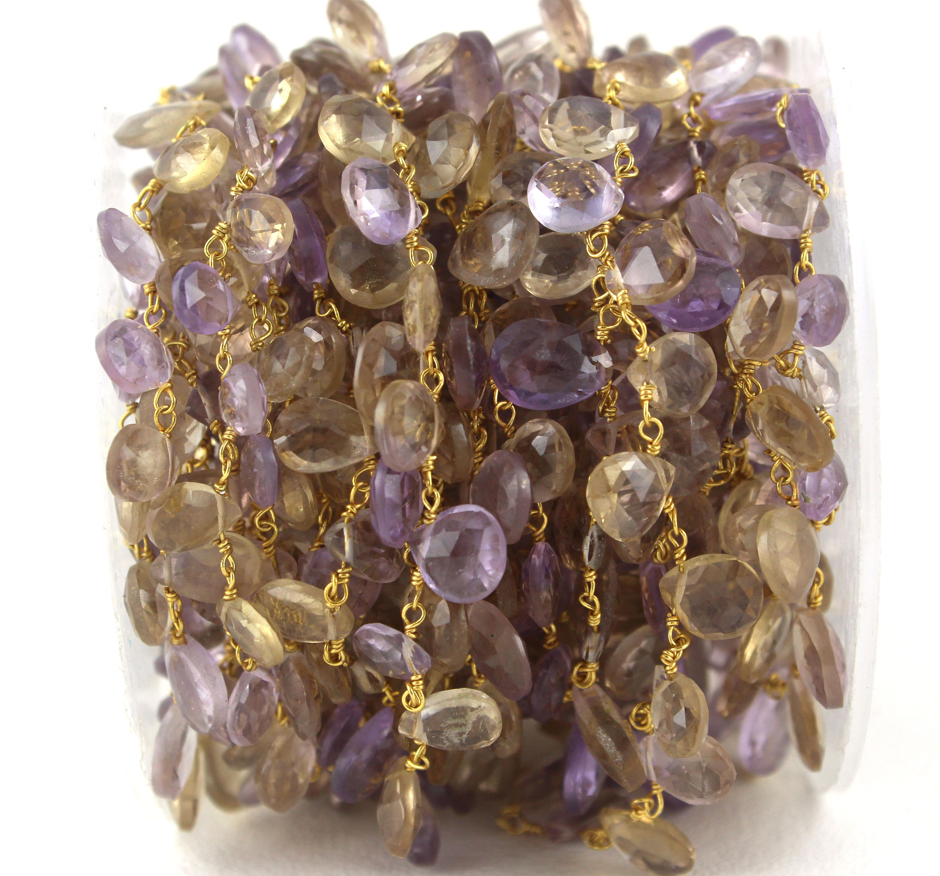 Gold Plated Ametrine Rosary Chain: Faceted Pear & Heart Gemstone Beaded Chain (sold Per Foot)