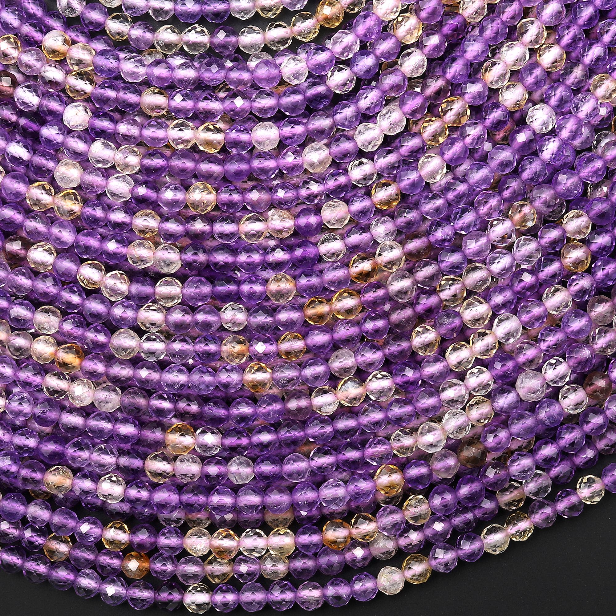 Faceted Natural Ametrine 2mm 3mm 4mm Round Beads Micro Laser Diamond Cut Gemstone 15.5" Strand